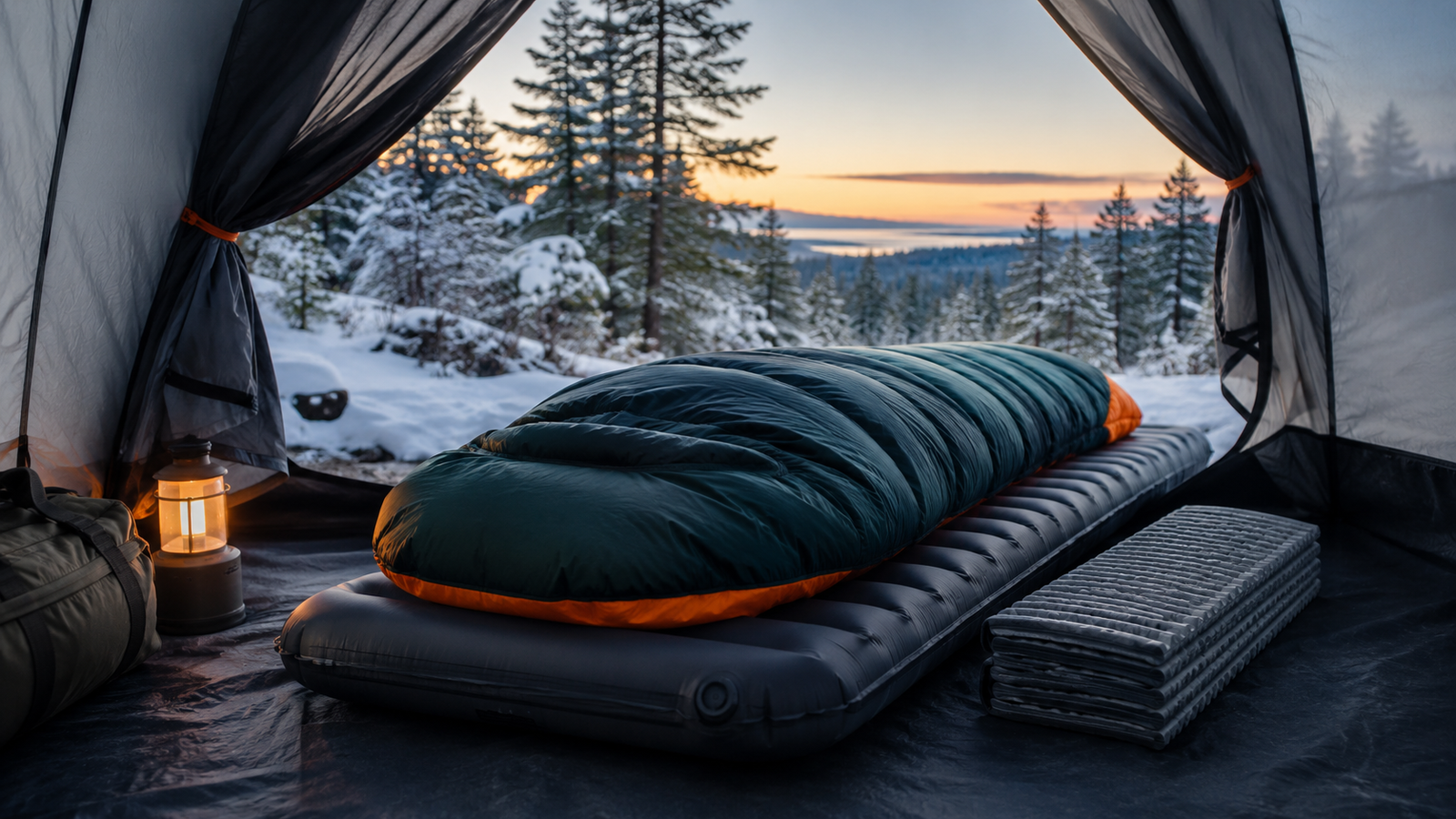 Sleeping pad R-value guide showing an insulated pad and winter sleeping bag inside a snowy tent